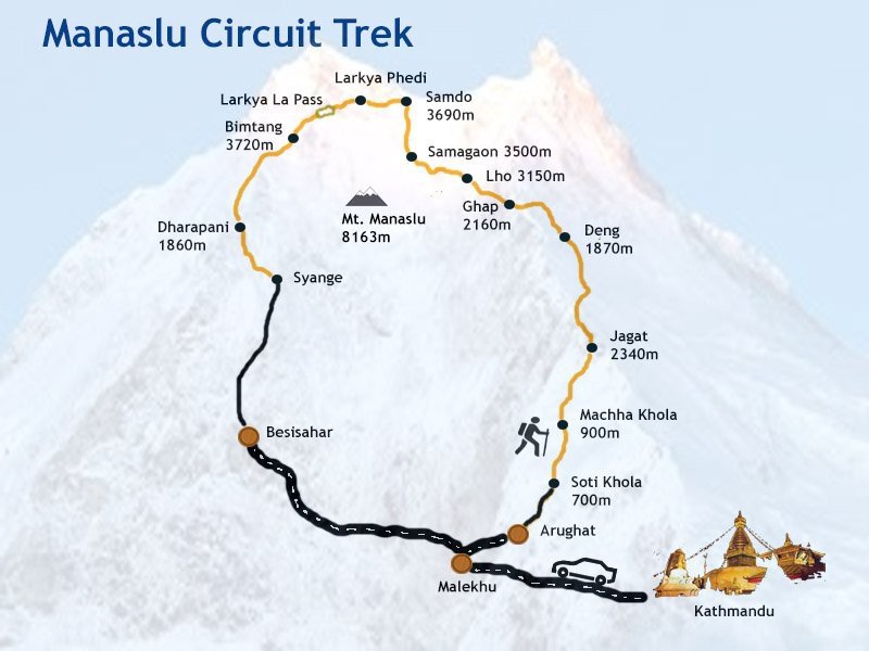 manaslu base camp trek map